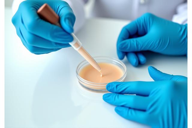 Handen in laboratoriumhandschoenen die een product testen met een pipette.