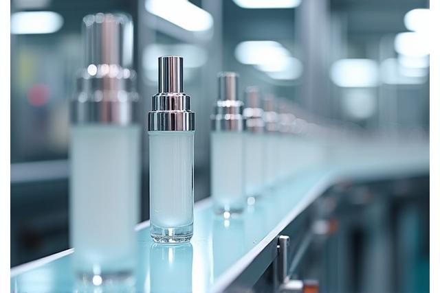 Productielijn in een cosmeticafabriek met flessen op een band.