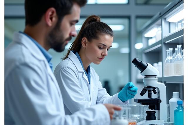 Wetenschappers in een laboratorium die skincare formules ontwikkelen.