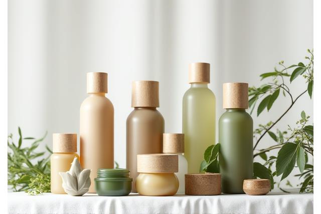 Diverse cosmeticaverpakkingen op een schone, minimalistische achtergrond.