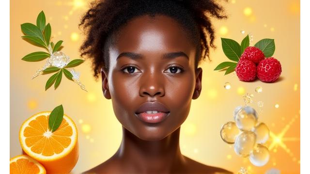 Gezicht met egale huid en heldere teint, diverse ingrediënten zoals Vitamine C en Niacinamide