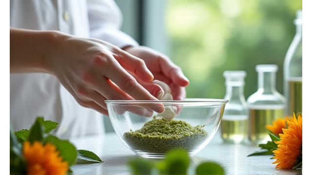 Dameshanden mixen natuurlijke ingrediënten in een kom, botanische elementen, zacht laboratoriumlicht