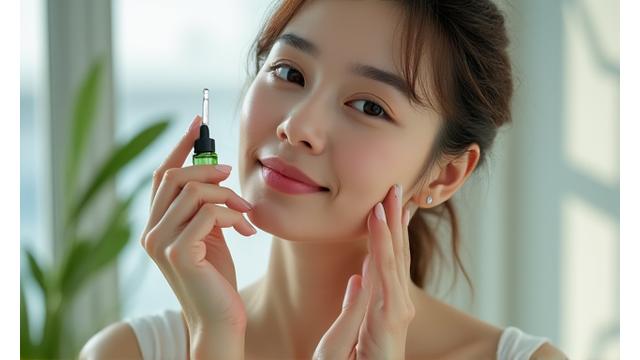 Rustige vrouw met gevoelige huid die serum aanbrengt, zachte texturen, minimalistische setting