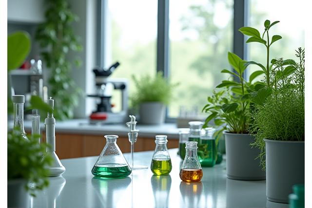 Een schone, moderne labomgeving waar plantenextracten worden bestudeerd en huidverzorgingsingrediënten worden ontwikkeld, symboliseert de fusie van natuur en wetenschap bij HuidVlinder Cura.