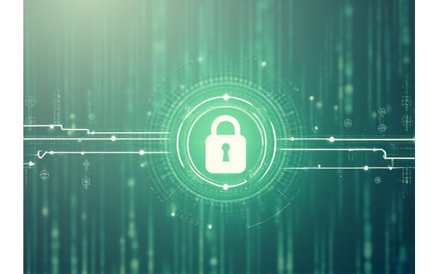 Digitale beveiligingsmaatregelen: abstracte weergave van een vergrendeld netwerk met data die veilig wordt overgedragen